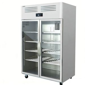 Double-door upright refrigerated display case