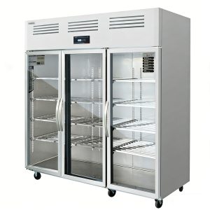 Three-door upright refrigerated display case