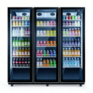 Three-door upright refrigerated display case