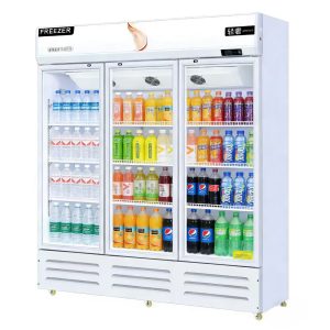 Three-door upright refrigerated display case