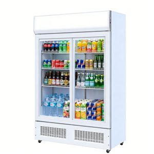 Three-door upright refrigerated display case