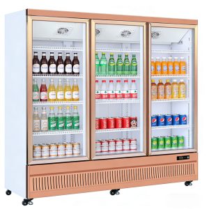 Three-door upright refrigerated display case