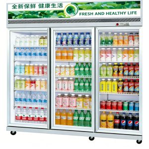 Three-door upright refrigerated display case