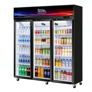 Three-door upright refrigerated display case
